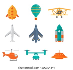 Aircraft icons flat set of space rocket propeller airplane ufo isolated vector illustration