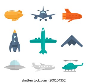 Aircraft icons flat set of zeppelin aircraft war fighter isolated vector illustration