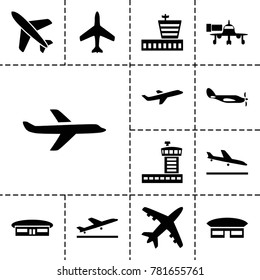 Aircraft icons. set of 13 editable filled aircraft icons such as plane, plane taking off, plane landing, airport, jetway