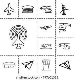 Aircraft icons. set of 13 editable outline aircraft icons such as plane, helicopter, airport, paper plane, medical helicopter, airport tower