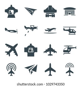 Aircraft icons. set of 16 editable filled aircraft icons such as plane, cargo plane back view, luggage compartment in airplane, medical helicopter, helicopter, military plane