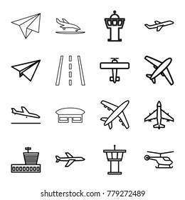 Aircraft icons. set of 16 editable outline aircraft icons such as plane landing, helicopter, airport, airport tower, plane, paper plane, runway