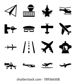 Aircraft icons. set of 16 editable filled aircraft icons such as jetway, helicopter, paper airplane, luggage compartment in airplane, plane, runway, plane taking off, airport