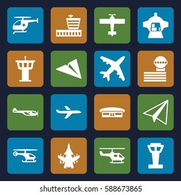 aircraft icons set. Set of 16 aircraft filled icons such as airport tower, helicopter, airport, paper airplane, luggage compartment in airplane, medical helicopter, plane