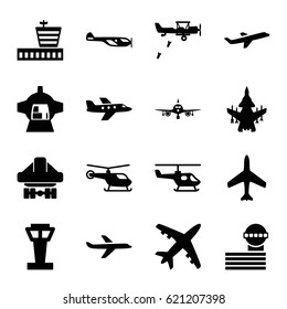 Aircraft icons set. set of 16 aircraft filled icons such as plane, airport tower, helicopter, airport, cargo plane back view, luggage compartment in airplane