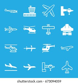 Aircraft icons set. set of 16 aircraft filled and outline icons such as plane landing, jetway, helicopter, airport, cargo plane back view, medical helicopter