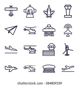 aircraft icons set. Set of 16 aircraft outline icons such as airport tower, plane, plane taking off, plane landing, helicopter