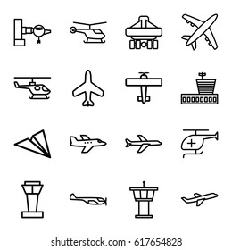Aircraft icons set. set of 16 aircraft outline icons such as plane, airport tower, jetway, helicopter, airport, cargo plane back view, medical helicopter