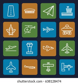 Aircraft icons set. set of 16 aircraft outline icons such as plane, airport tower, runway, plane taking off, jetway, helicopter, airport, paper airplane, cargo plane back view