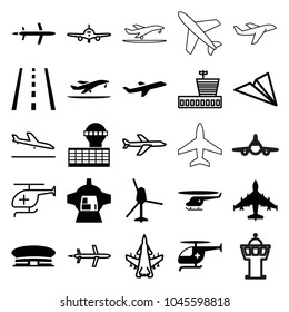 Aircraft icons. set of 25 editable filled and outline aircraft icons such as airport, luggage compartment in airplane, plane, medical helicopter, helicopter, plane landing