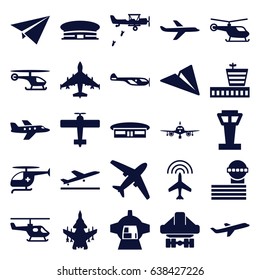 Aircraft icons set. set of 25 aircraft filled icons such as airport tower, plane, plane taking off, helicopter, airport, cargo plane back view