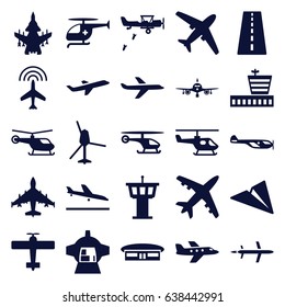 Aircraft icons set. set of 25 aircraft filled icons such as runway, plane, plane landing, helicopter, airport, airport tower, luggage compartment in airplane