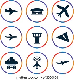 Aircraft icons set. set of 9 aircraft filled icons such as plane, airport tower, airport, cargo plane back view