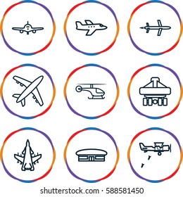 aircraft icons set. Set of 9 aircraft outline icons such as plane, airport, cargo plane back view, helicopter