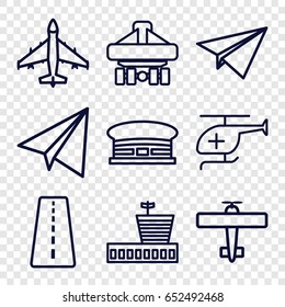 Aircraft icons set. set of 9 aircraft outline icons such as runway, airport, paper airplane, cargo plane back view, medical helicopter, plane