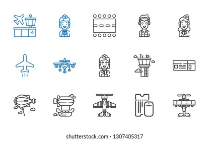 aircraft icons set. Collection of aircraft with airplane, boarding pass, airship, zeppelin, control tower, stewardess, plane, marshall, runway. Editable and scalable aircraft icons.
