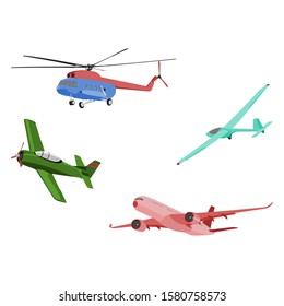 Aircraft Illustrations set vector: Helicopter, Warbird, Glider, and Jet Airliner - flat design style