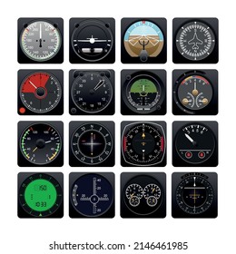 Aircraft indicators collection in detailed realistic style.