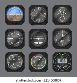 El panel de control de los indicadores de la aeronave estableció una ilustración vectorial realista. Interfaz electrónica de información de pantalla navegación tablero de mandos de control de chorro tecnología de altitud de giro automático coordinación