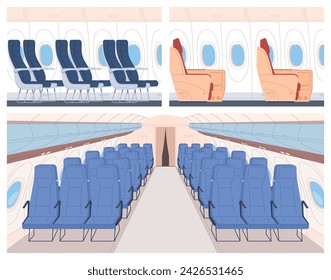 Flugzeuginnenausstattung. Flugzeugkabine mit Passagiersitzen und Bullaugen. Vektorgrafik