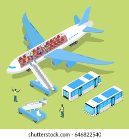 Aircraft Interior With Passengers. Air Plane Boarding. Isometric Vector Flat 3d Illustration