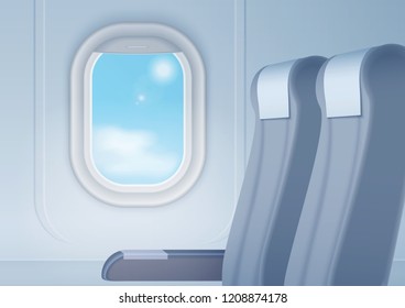 Aircraft interior with realistic smooth window and seats vector illustration.