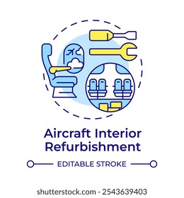 Aircraft interior refurbishment multi color concept icon. Customer comfort, airplane maintenance. Round shape line illustration. Abstract idea. Graphic design. Easy to use in infographic, presentation