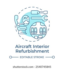 Aircraft interior refurbishment soft blue concept icon. Customer comfort, airplane maintenance. Round shape line illustration. Abstract idea. Graphic design. Easy to use in infographic, presentation