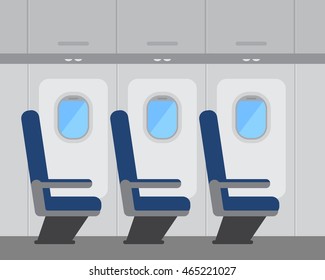 Aircraft interior with windows and seats, colorful flat vector illustration