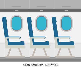 Aircraft interior with windows and seats, colorful flat vector illustration