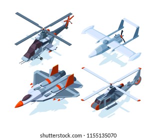 Aircraft isometric. Warplanes isolate on white. Vector airplane and helicopter isometric, 3d armed bomber and interceptor illustration