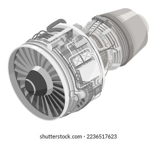 Motor de reacción de aeronaves simple diagrama de ingeniería de tecnología de turbina de aeródromo en el interior del equipo de mantenimiento isométrico aislado en blanco