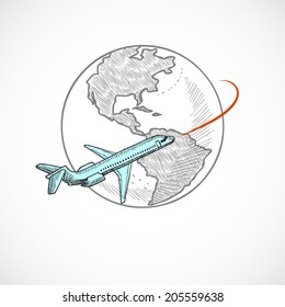 Aircraft jet flying around the globe sketch icon isolated on white background vector illustration