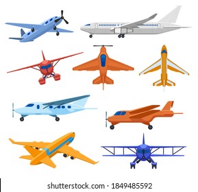 Aviones. Vehículos de vuelo, aviones de reacción de pasajeros, aviones privados y aviones de servicio de carga. Ilustraciones vectoriales de aviones de aviación comercial. Servicio de transporte aéreo, viajes