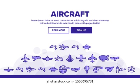 Aircraft Landing Web Page Header Banner Template Vector. Aircraft Commercial Air Transportation And Shipping Concept Linear Pictograms. Airplane And Helicopter Illustration