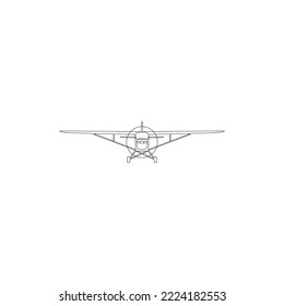 Aircraft linear black and white drawing full face, plane front view, airplane icon, outline sketch, flying machine silhouette, vehicle coloring, drawn transport isolated. Vector illustration