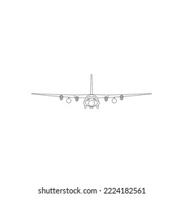 Aircraft linear black and white drawing full face, plane front view, airplane icon, outline sketch, flying machine silhouette, vehicle coloring, drawn transport isolated. Vector illustration