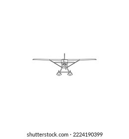 Aircraft linear black and white drawing full face  plane front view  airplane icon  outline sketch  flying machine silhouette  vehicle coloring  drawn transport isolated. Vector illustration