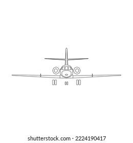 Dibujo lineal en blanco y negro plano frontal plano plano frontal plano de la cara frontal plano de la línea aérea silueta de la máquina voladora color del vehículo trazados transporte aislado. Ilustración del vector