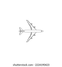 Aircraft linear black and white drawing full face  plane front view  airplane icon  outline sketch  flying machine silhouette  vehicle coloring  drawn transport isolated. Vector illustration