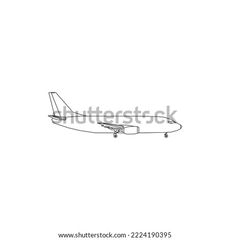 Aircraft linear black and white drawing full face  plane front view  airplane icon  outline sketch  flying machine silhouette  vehicle coloring  drawn transport isolated. Vector illustration