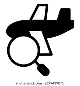Aircraft with magnifier solid icon, air travel booking concept. Vector graphics. Airplane flight search, wayfinding sign on white background, glyph style icon for mobile or web design