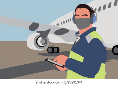 Aircraft maintenance mechanic in safety vest with tablet. Aircraft officer wear a mask during pandemic. Aircraft officer with airplane behind. Flat cartoon vector illustration.