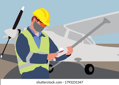 Aircraft maintenance mechanic in safety vest check information on the note. Aircraft officer wear a mask during pandemic. Aircraft officer with airplane behind. Flat cartoon vector illustration.