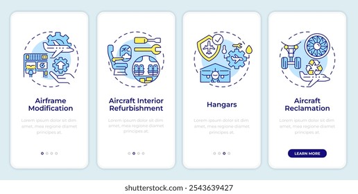 Aircraft maintenance onboarding mobile app screen. Walkthrough 4 steps editable graphic instructions with linear concepts. UI, UX, GUI template