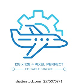 Aircraft maintenance two color line icon. Technical service. Plane, gear. Engineering and upkeep in aviation. Bicolor outline symbol. Duotone linear pictogram. Isolated illustration. Editable stroke