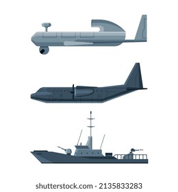 Aircraft and Marine Military Vehicle or Transport Equipment Vector Set