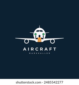 Aircraft marshaller logo. Ground Crew in the signal vest. Aviation marshall vector illustration