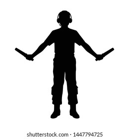 Aircraft marshalling signal man silhouette vector