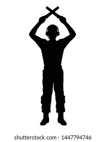 Aircraft marshalling signal man silhouette vector